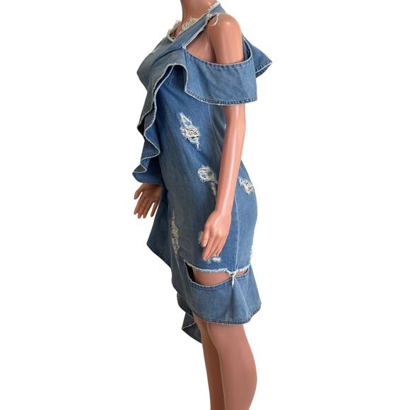 Jonathan Simkhai Asymmetric Ruffled Dress Womens 6 Distressed Indigo Denim - Picture 4 of 14